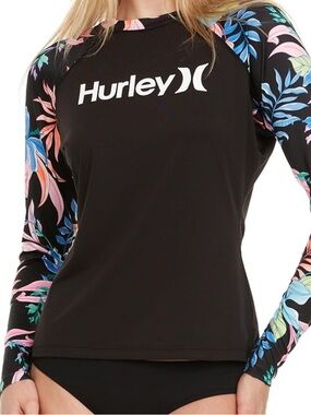 NWOT Hurley Black Floral-Print Long Sleeve Rash Guard
